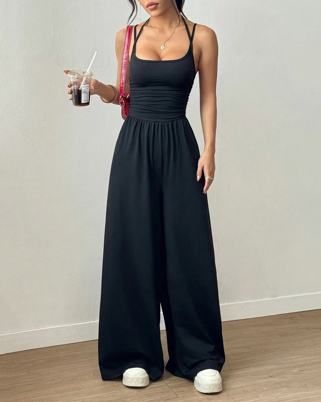 Sleeveless Strappy Back Ruched Wide-Leg Midi Dress in Black