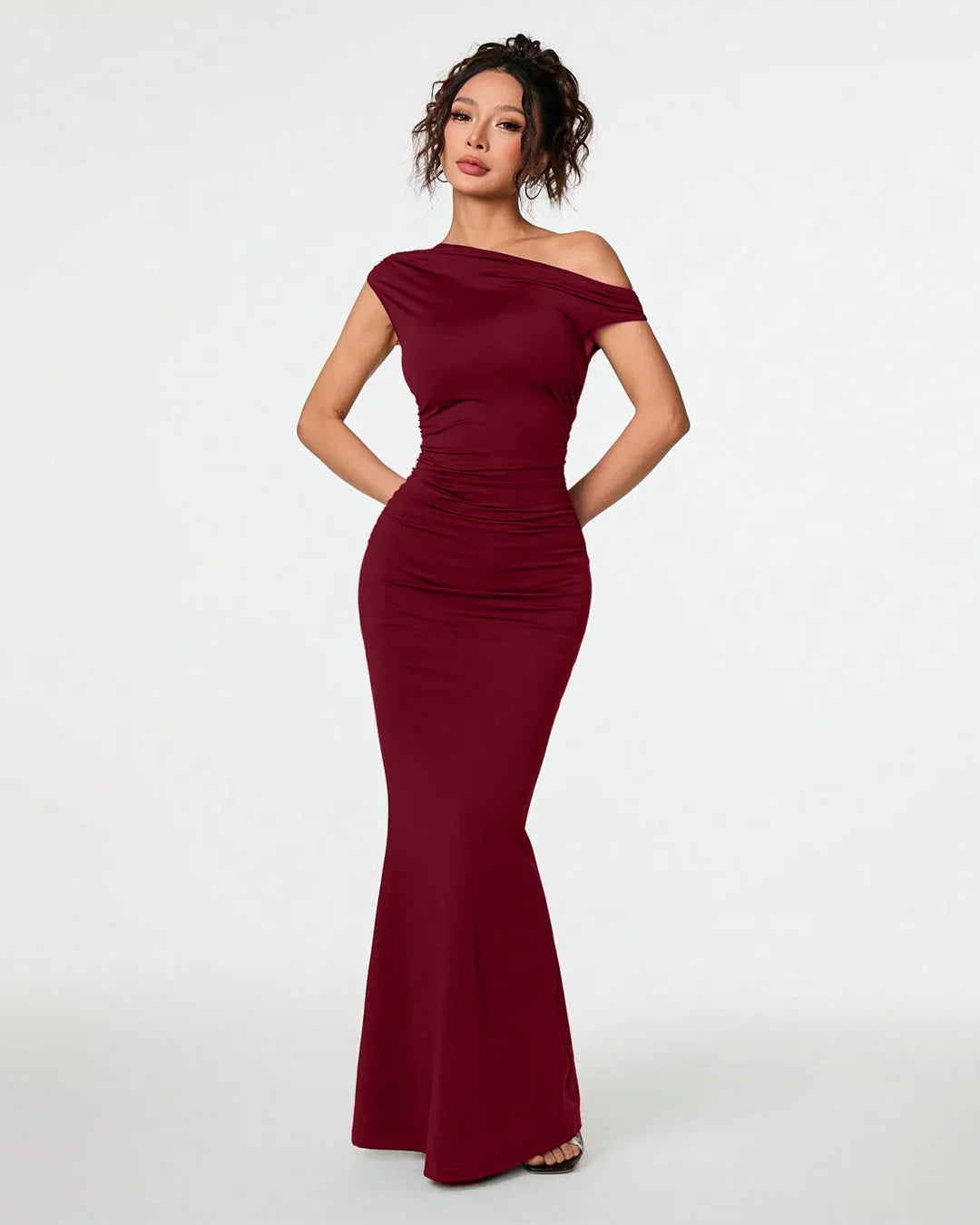 Burgundy Asymmetrical Neck Bodycon Maxi Dress