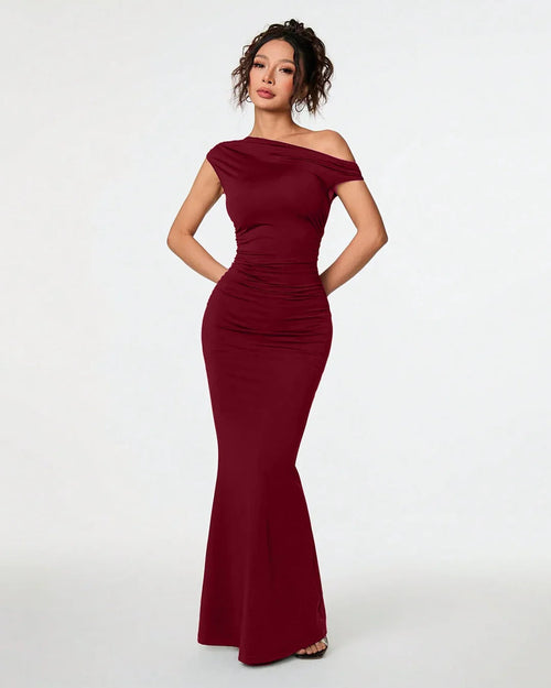 Burgundy Asymmetrical Neck Bodycon Maxi Dress