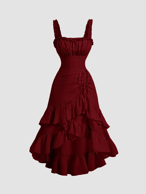 Cherry Ruched Square Neck Ruffle High-Low Midi Dress with Ruffle Hem