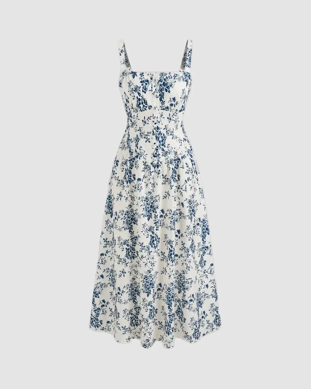 Square Neck Floral Fit and Flare Midi Dress