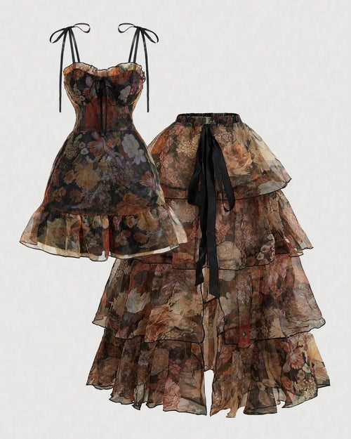 Floral Corset Fit Tiered Ruffle Midi Gown With Detachable Skirt