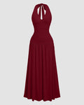 Halter Neck Backless Flared Maxi Dress in Maroon