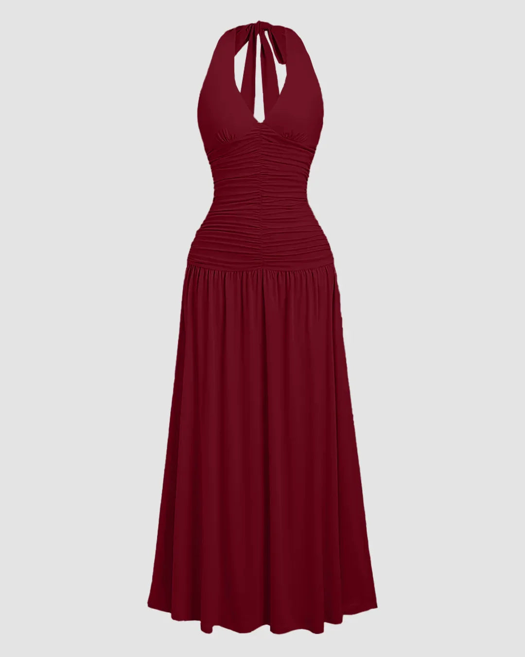 Halter Neck Backless Flared Maxi Dress in Maroon