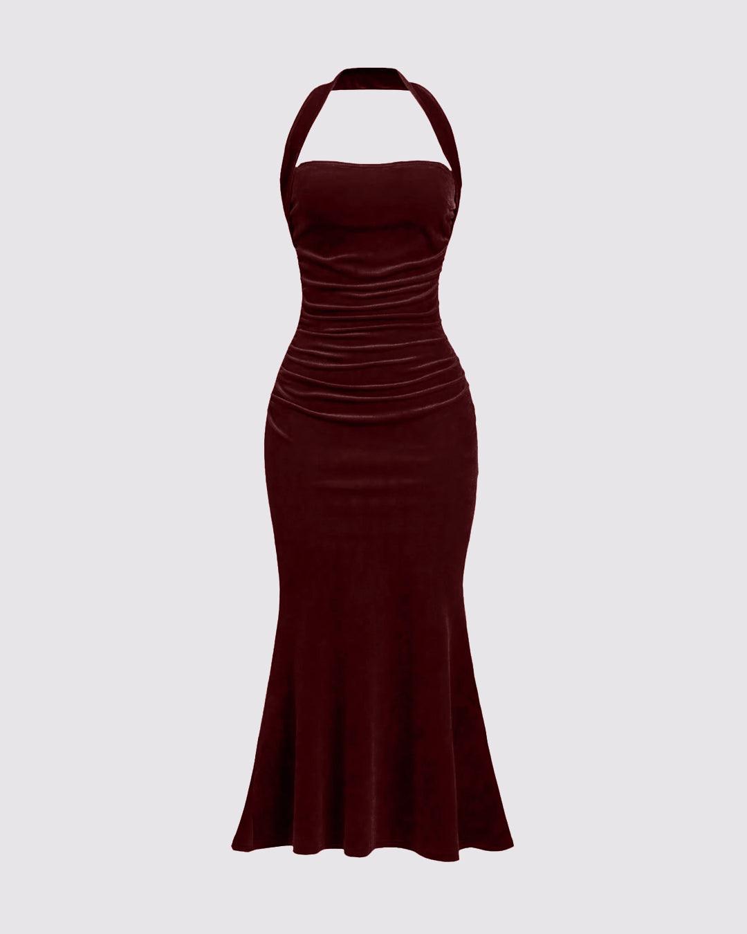 Halter Neck Red Velvet Bodycon Dress
