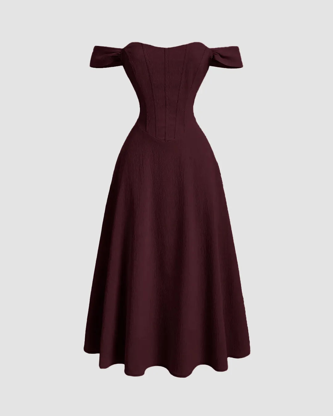 Maroon Faux Fishbone Design Romantic One-Shoulder Dress
