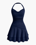 Skater Dress with Halter Neck and Ruffle Hem in Navy Blue