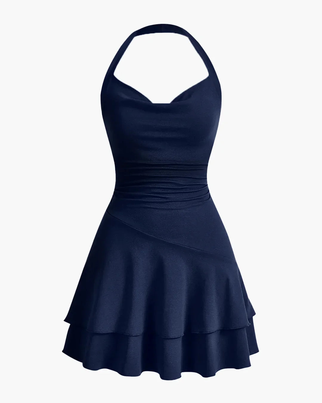 Skater Dress with Halter Neck and Ruffle Hem in Navy Blue