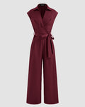 Plain Collar Jumpsuit With Pockets And Belt In Burgundy