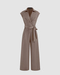Plain Collar Sleeveless Jumpsuit With Pockets And Belt In Brown