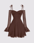 Solid Color V-Neck Bow Tie Waist Dress In Chocolate Brown