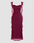 Square Neck Bodycon Midi Dress in Maroon