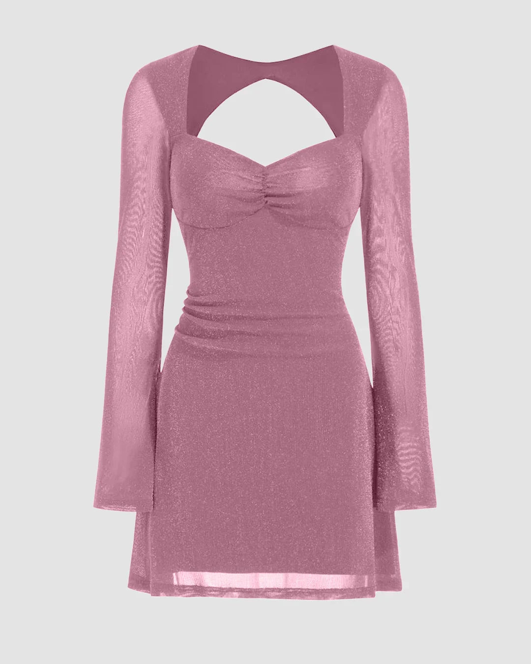 Sweetheart Bell Sleeve Glitter Cut Out Ruched Mini Dress in Pink