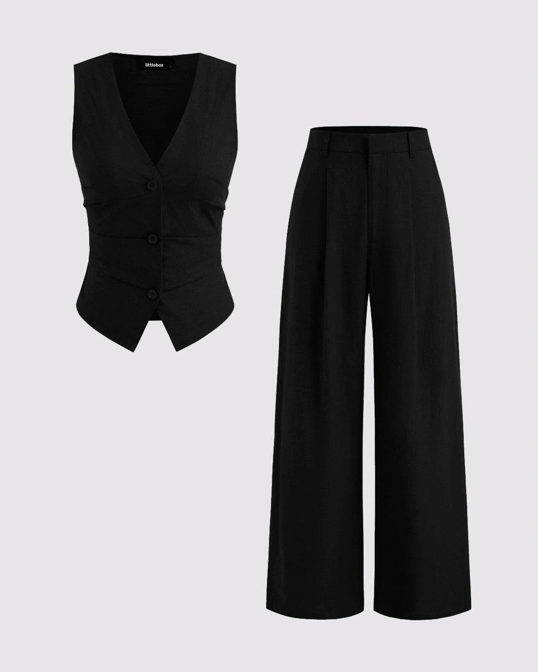 V-neck Solid Button Vest & Mid Rise Pocket Wide Leg Trousers In Black