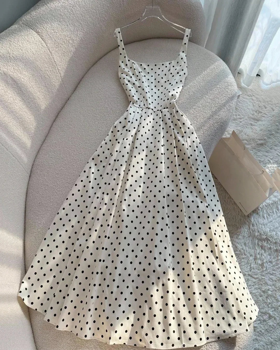 Vintage-Inspired Polka Dot Fit and Flare Midi Dress in White